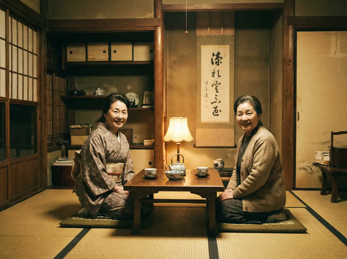 两位优雅的 51吃瓜 在日式茶室中品茶交谈